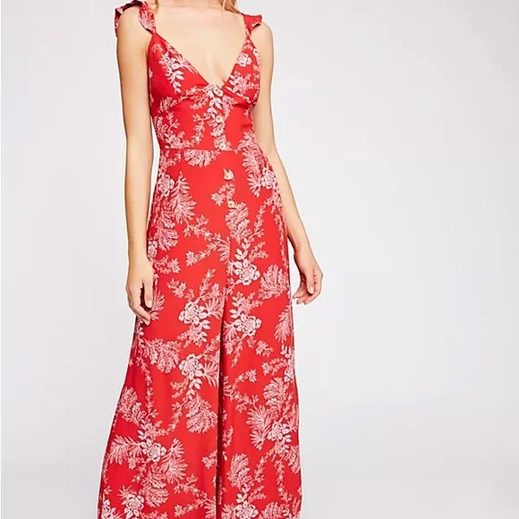 Free People Red and White Floral Jumpsuit with Plunging V-Neckline - Picture 2 of 10